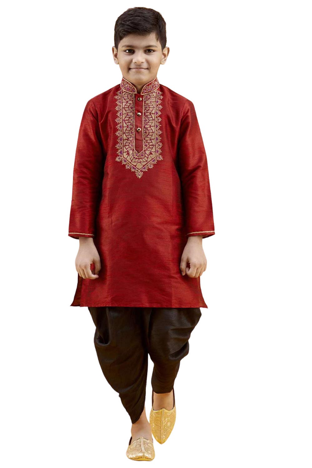 Boys Maroon Silk Neck Embroidered Kurta Pyjama Set