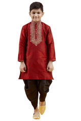 Boys Maroon Silk Neck Embroidered Kurta Pyjama Set