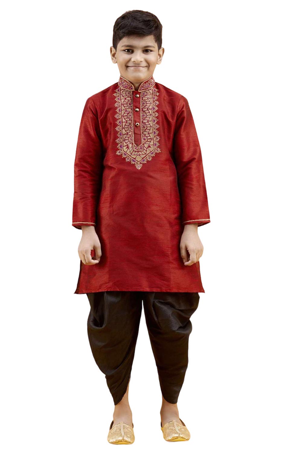 Boys Maroon Silk Neck Embroidered Kurta Pajama Set