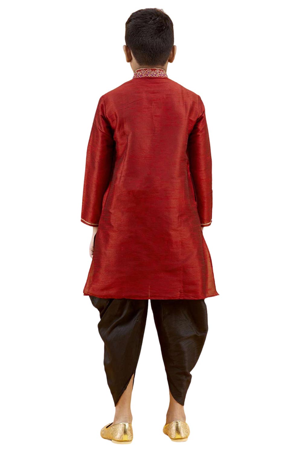 Boys Maroon Silk Neck Embroidered Kurta Pajama Set