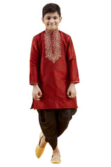 Boys Maroon Silk Neck Embroidered Kurta Pajama Set