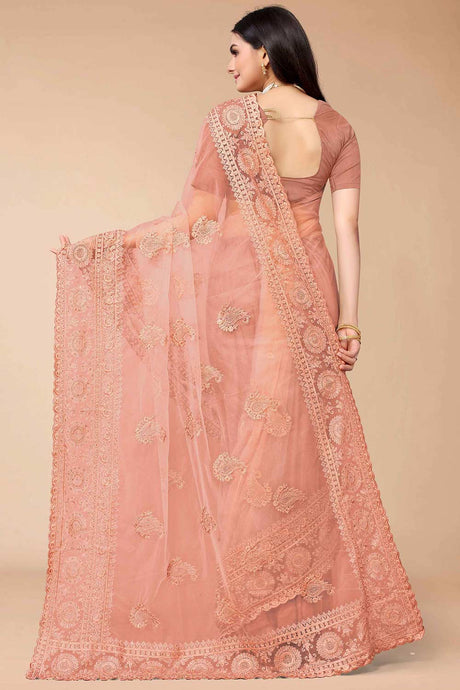 Peach Net Floral Embroidered Saree