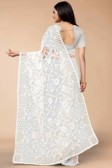 Off White Net Floral Embroidered Saree