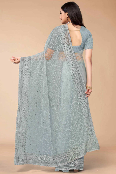 Grey Net Floral Embroidered Saree