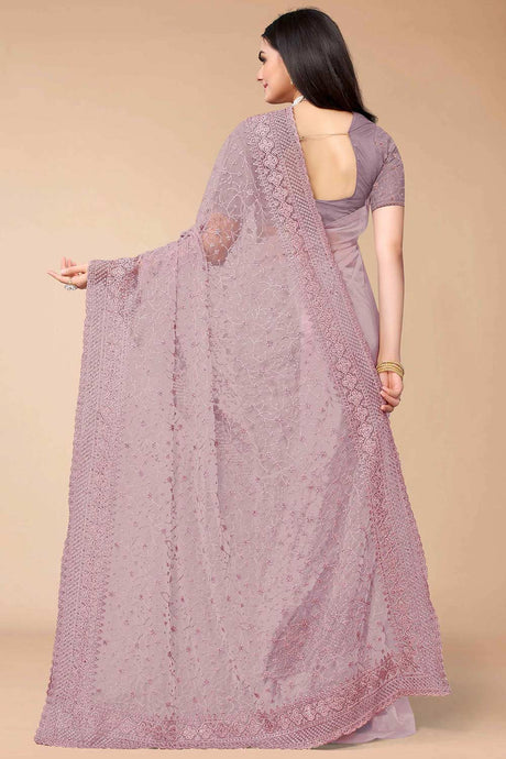 Dusty Pink Net Floral Embroidered Saree