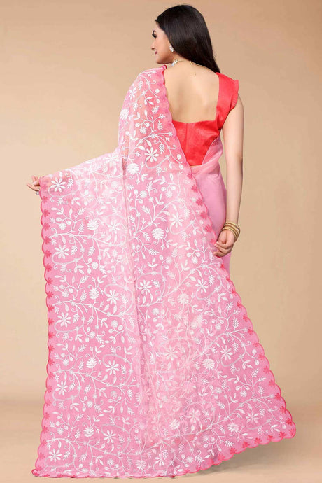 Pink Organza Floral Embroidered Saree