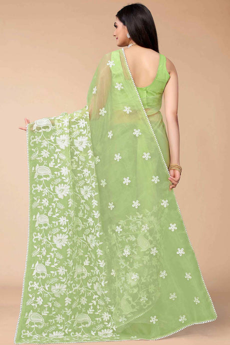 Green Organza Floral Embroidered Saree