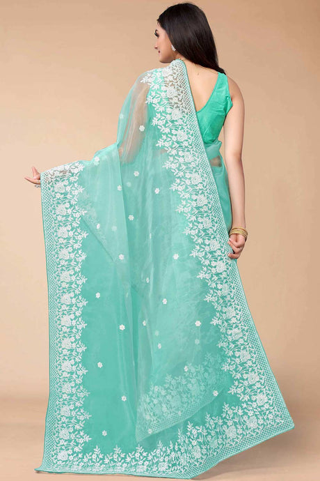 Blue Organza Floral Embroidered Saree