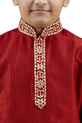 Boys Maroon Silk Resham Thread Embroidered Kurta Pyjama Set