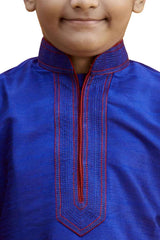 Boys Blue Silk Neck Embroidered Kurta Pyjama Set