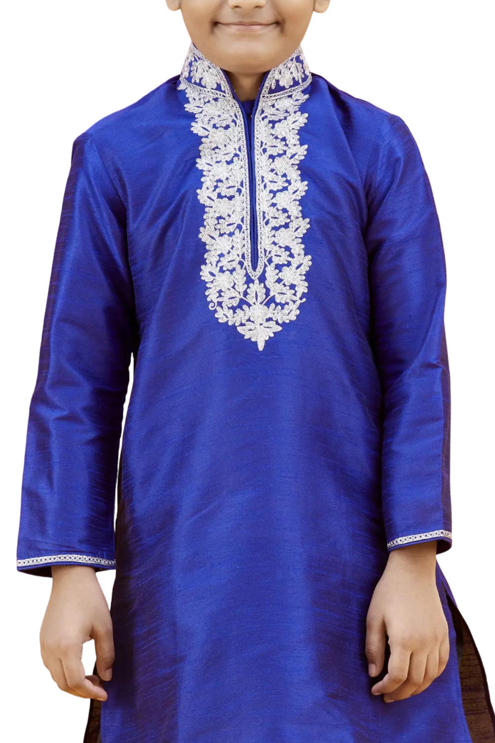 Boys Blue Silk Neck Embroidered Kurta Pyjama Set