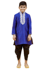 Boys Blue Silk Neck Embroidered Kurta Pyjama Set