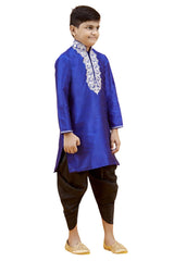 Boys Blue Silk Neck Embroidered Kurta Pajama Set