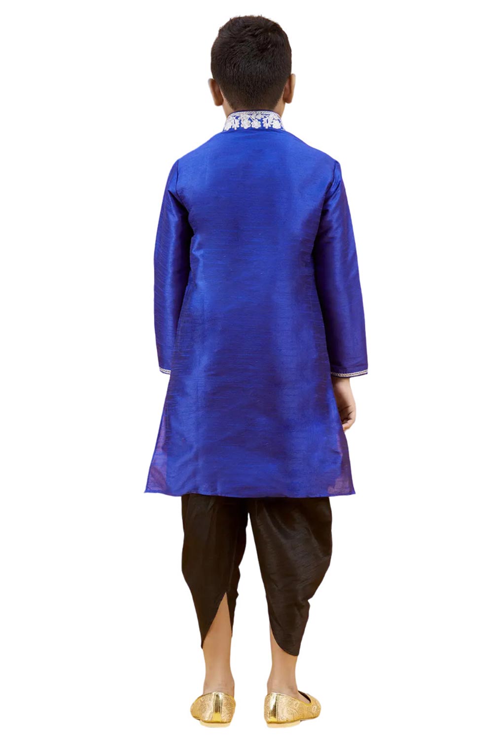 Boys Blue Silk Neck Embroidered Kurta Pajama Set