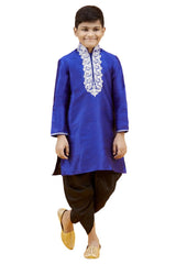 Boys Blue Silk Neck Embroidered Kurta Pajama Set