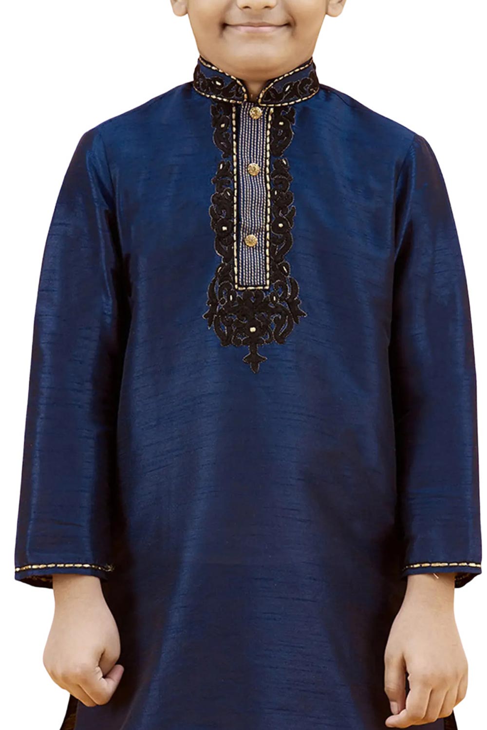 Boys Navy Blue Silk Neck Embroidered Kurta Pyjama Set