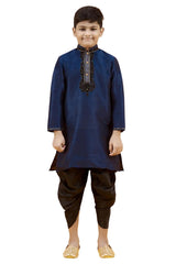 Boys Navy Blue Silk Neck Embroidered Kurta Pyjama Set