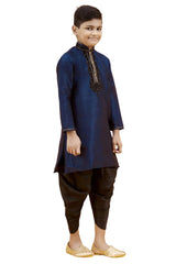 Boys Navy Blue Silk Neck Embroidered Kurta Pajama Set