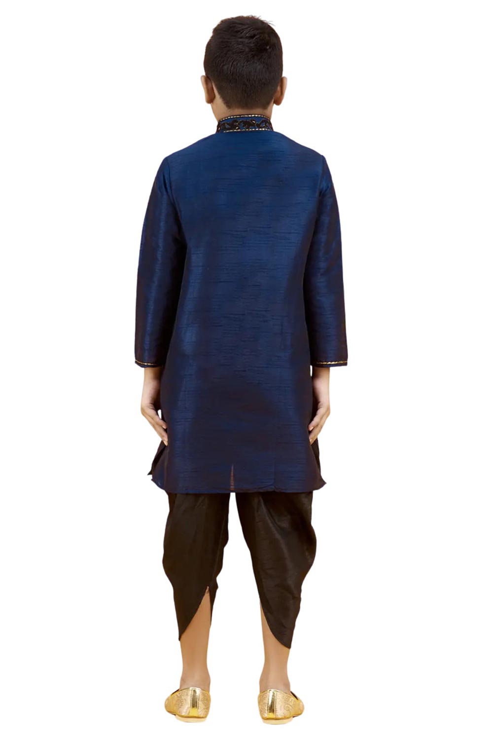 Boys Navy Blue Silk Neck Embroidered Kurta Pajama Set