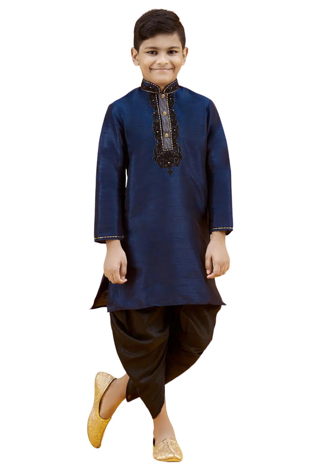 Boys Navy Blue Silk Neck Embroidered Kurta Pajama Set