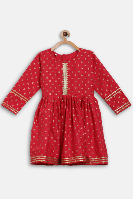 Buy Girl Crepe Gold Print Kurta Set in Red Online - Front