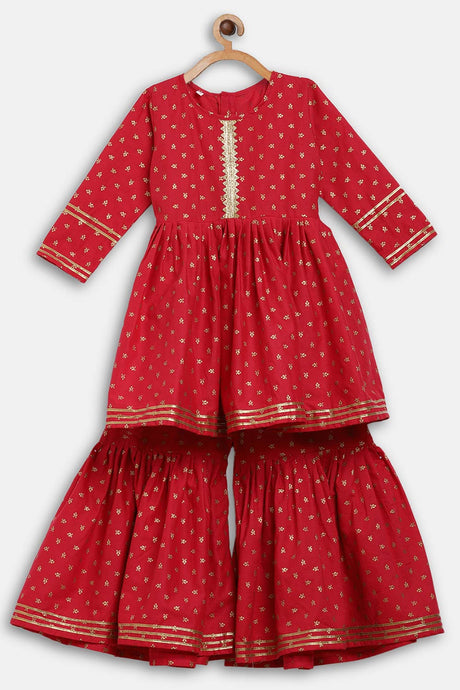 Buy Girl Crepe Gold Print Kurta Set in Red Online