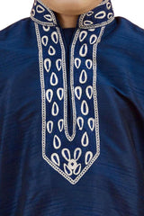 Boys Navy Blue Silk Neck Embroidered Kurta Pyjama Set