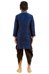 Boys Navy Blue Silk Neck Embroidered Kurta Pyjama Set
