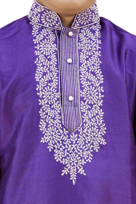 Boys Purple Silk Neck Embroidered Kurta Pyjama Set