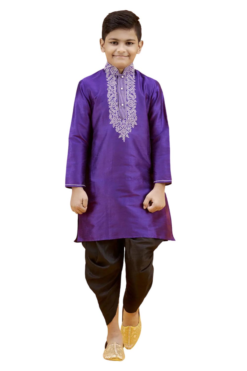 Boys Purple Silk Neck Embroidered Kurta Pyjama Set