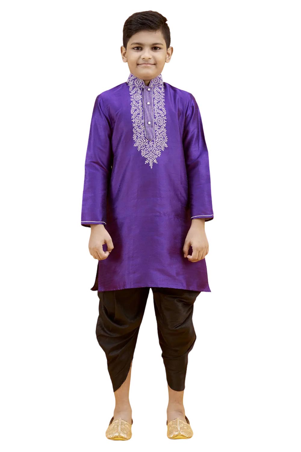 Boys Purple Silk Neck Embroidered Kurta Pajama Set