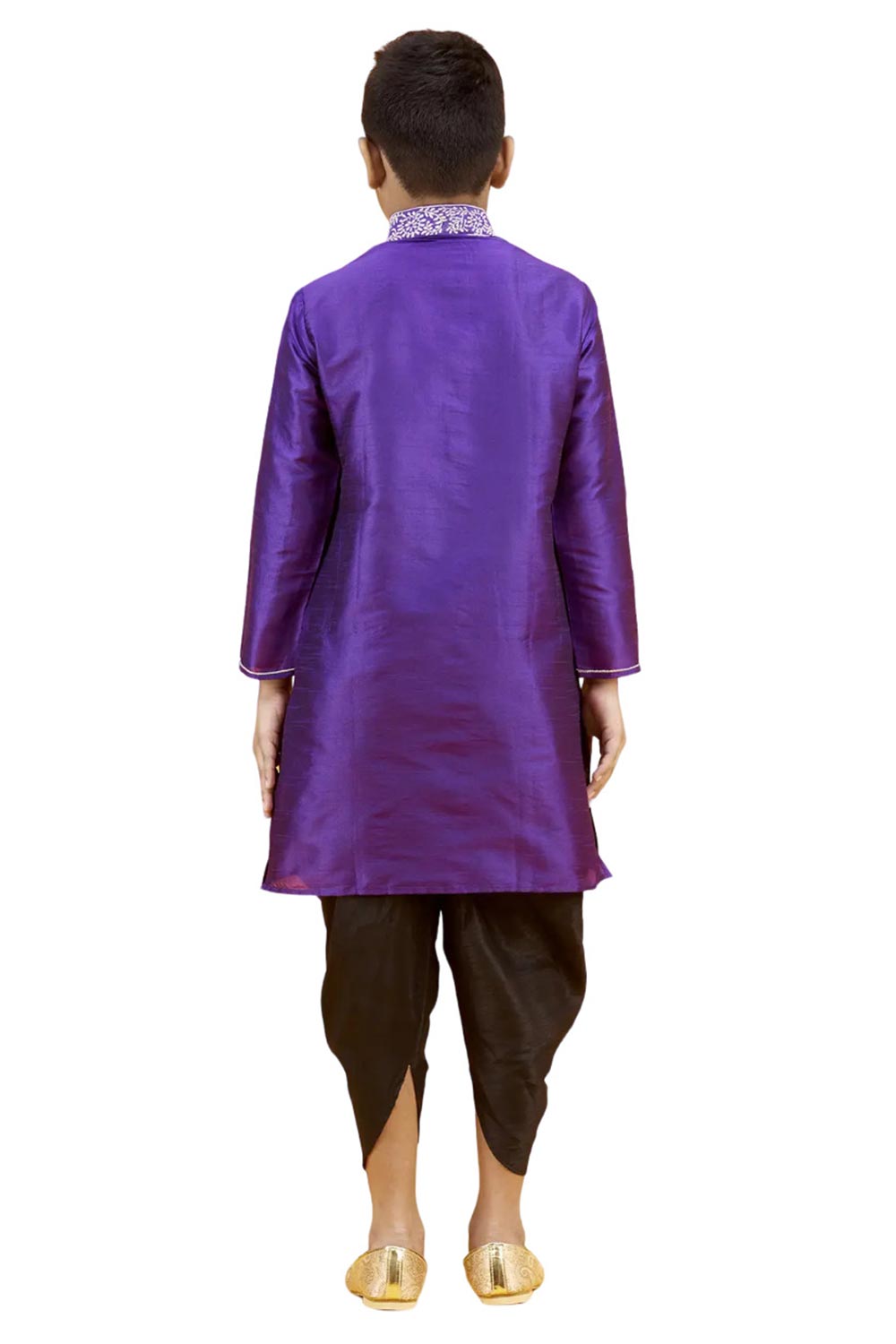 Boys Purple Silk Neck Embroidered Kurta Pajama Set