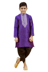 Boys Purple Silk Neck Embroidered Kurta Pajama Set