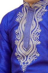 Boys Blue Silk Neck Embroidered Kurta Pyjama Set