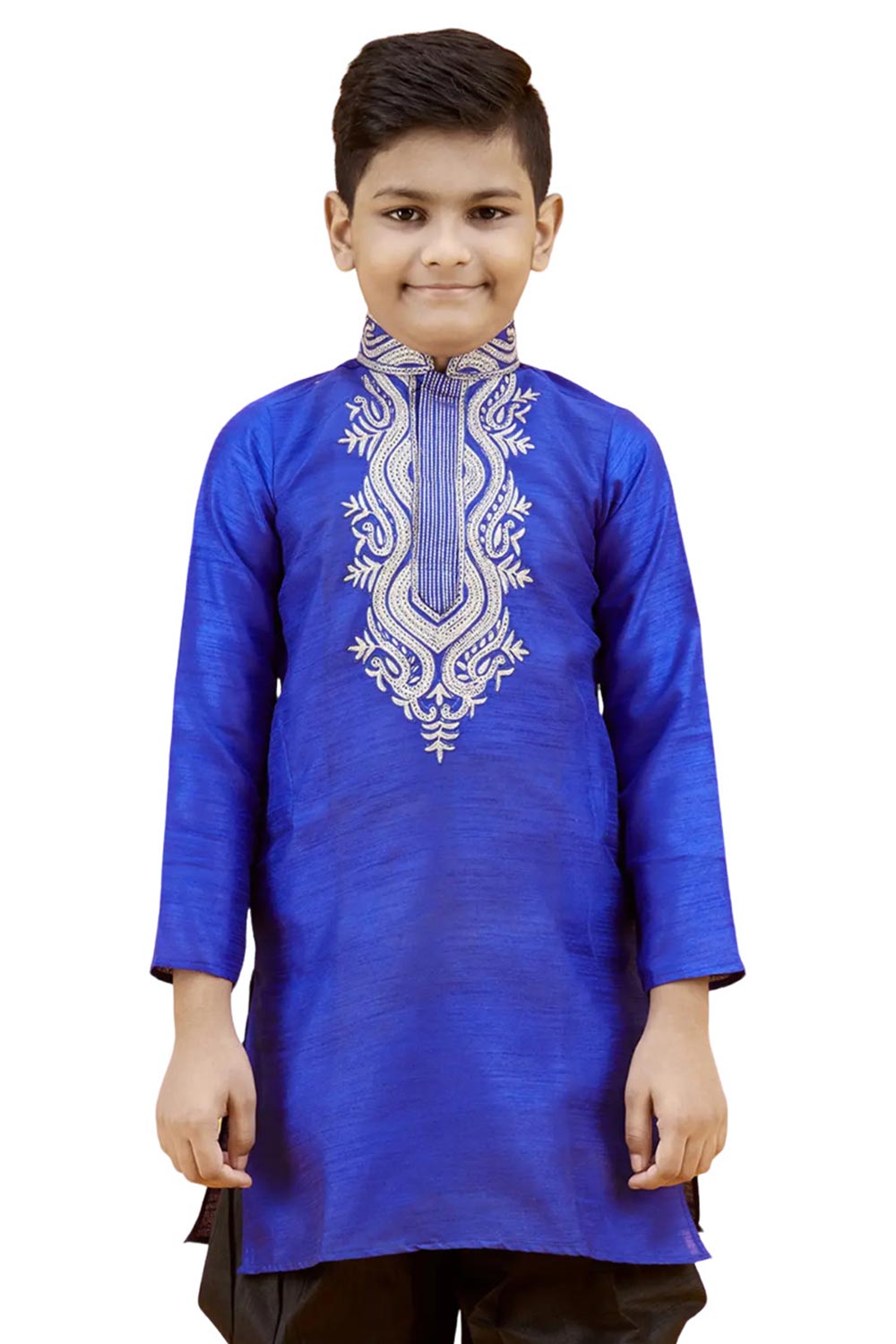 Boys Blue Silk Neck Embroidered Kurta Pyjama Set