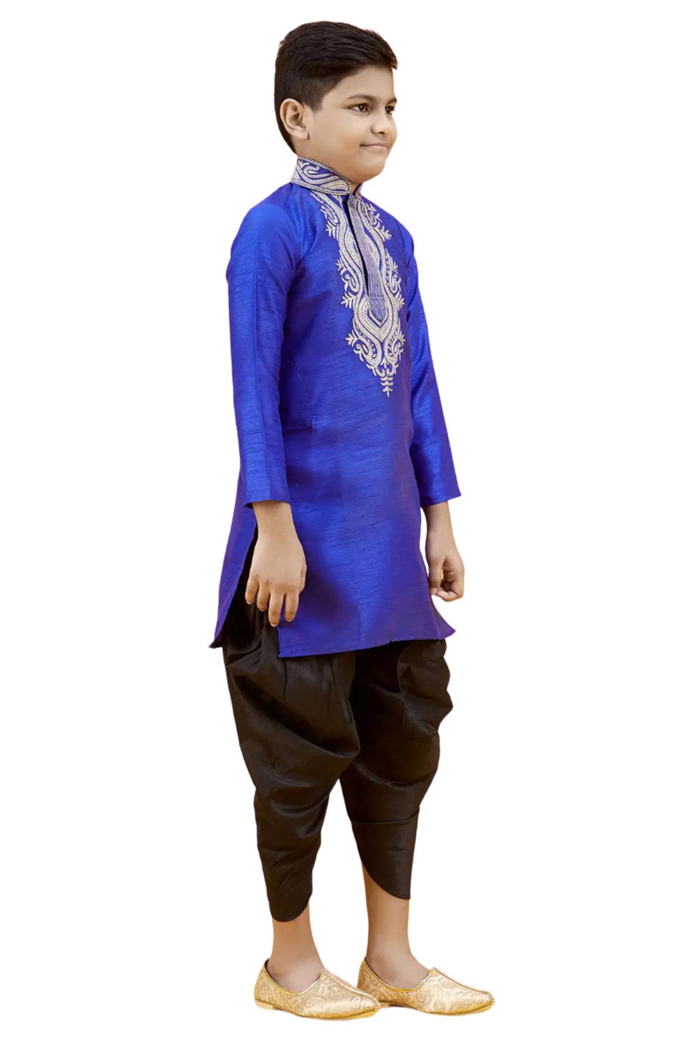 Boys Blue Silk Neck Embroidered Kurta Pajama Set