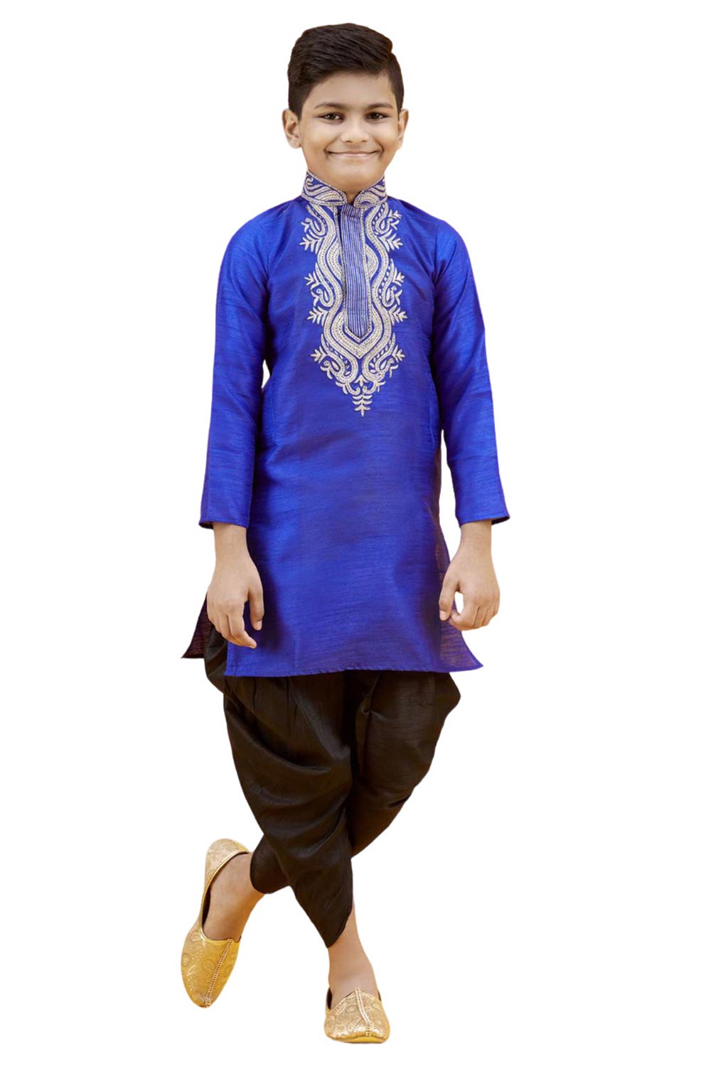 Boys Blue Silk Neck Embroidered Kurta Pajama Set