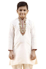 Boys Off White Silk Neck Embroidered Kurta Pyjama Set