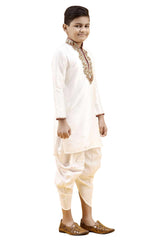 Boys Off White Silk Neck Embroidered Kurta Pajama Set