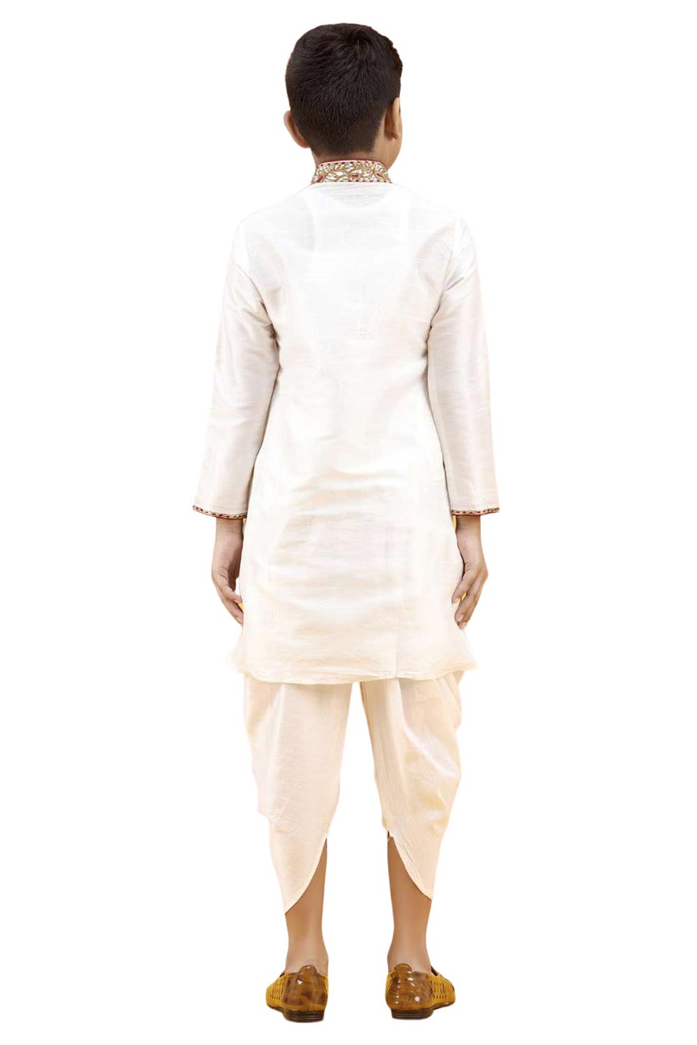 Boys Off White Silk Neck Embroidered Kurta Pajama Set