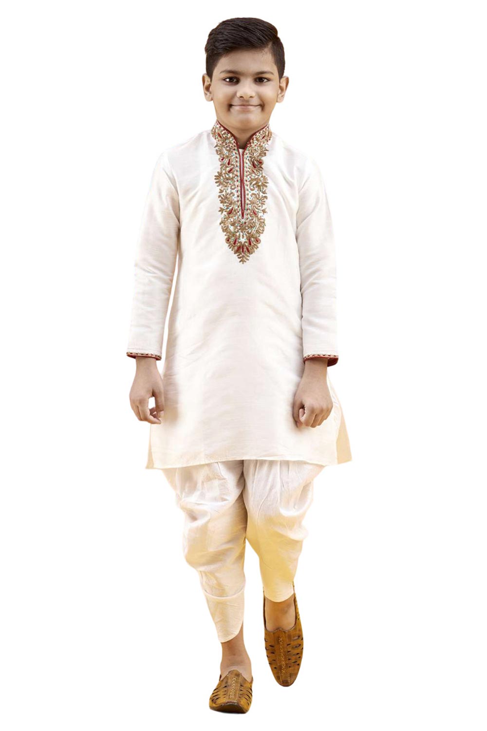 Boys Off White Silk Neck Embroidered Kurta Pajama Set