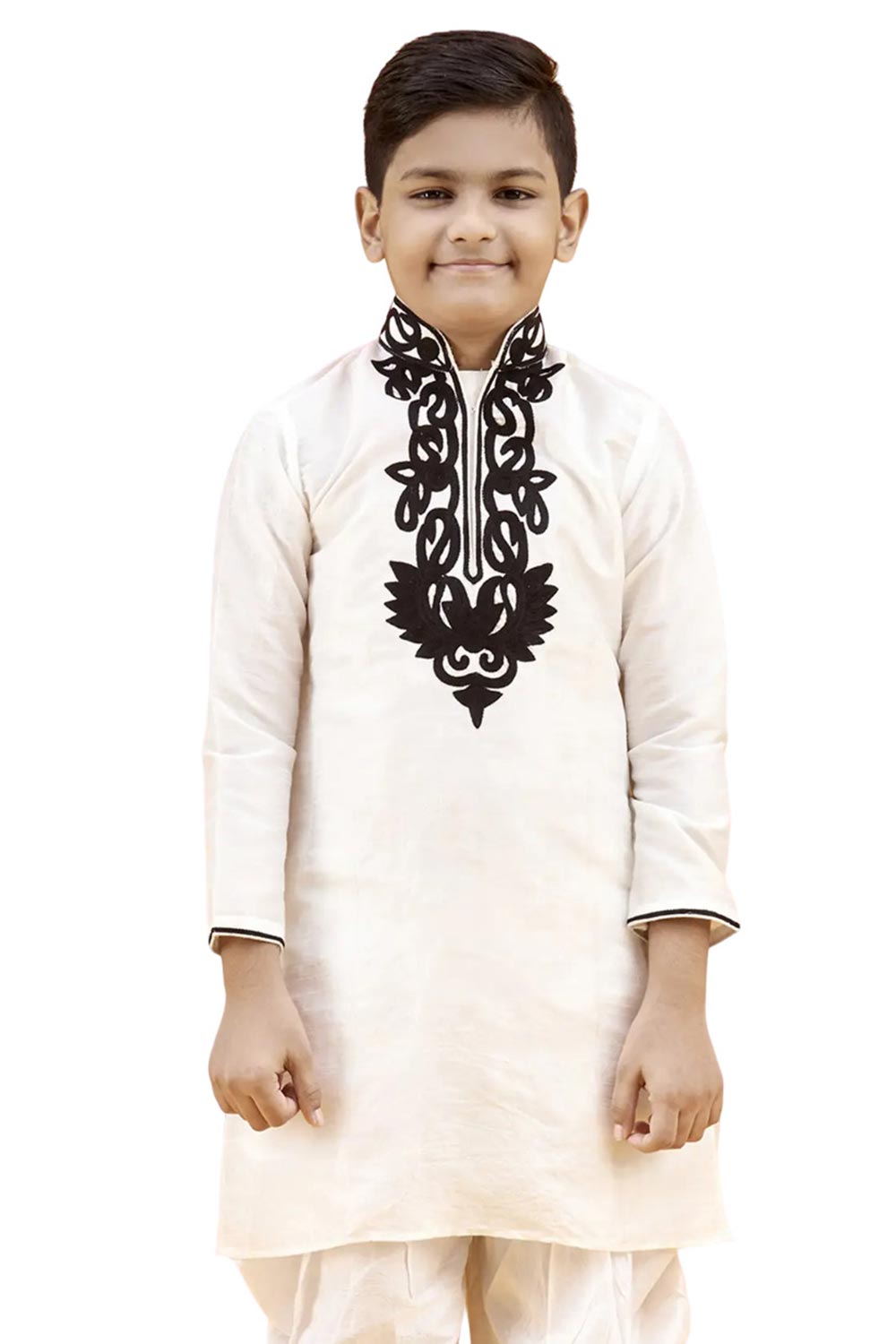 Boys Off White Silk Neck Embroidered Kurta Pyjama Set