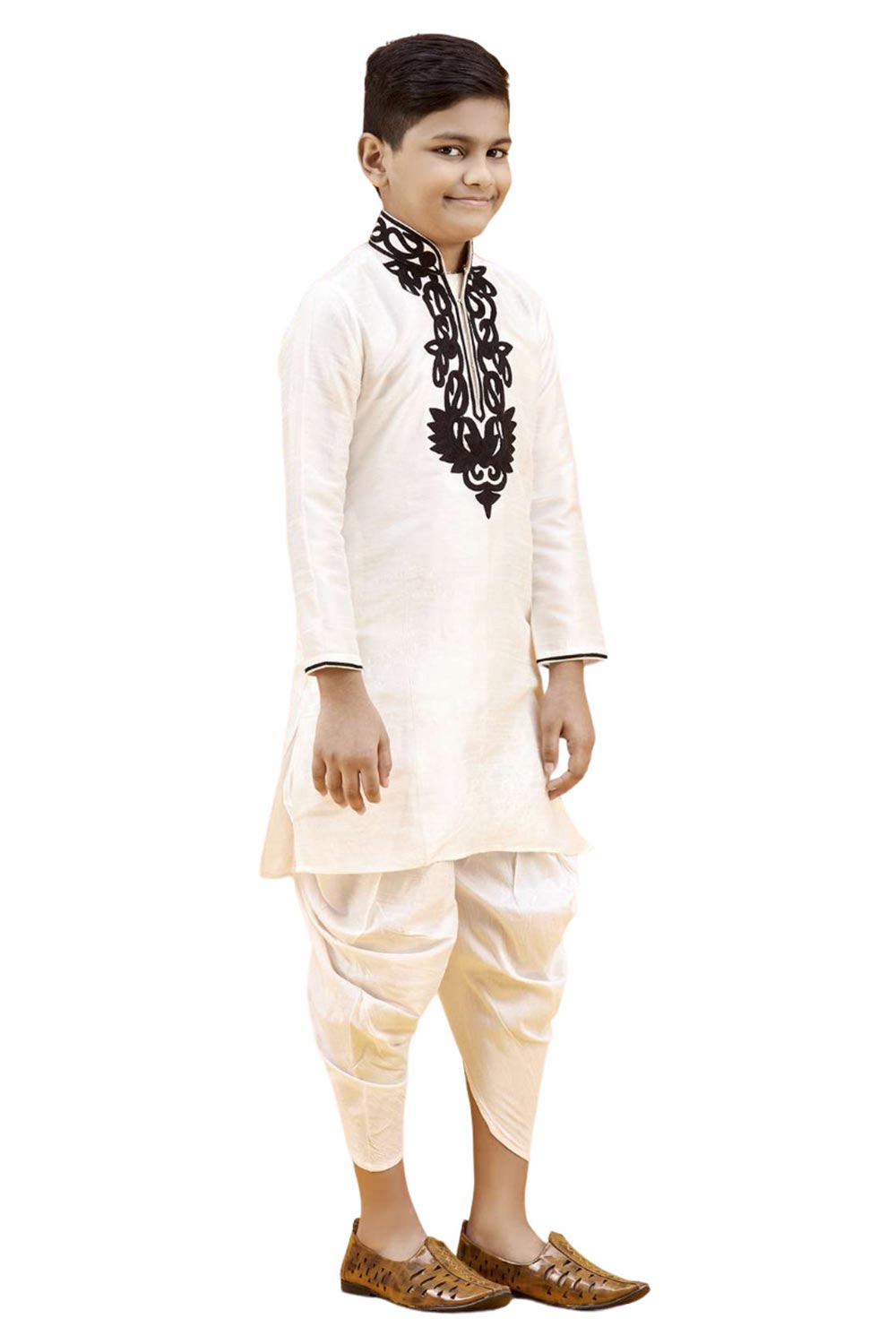 Boys Off White Silk Neck Embroidered Kurta Pajama Set