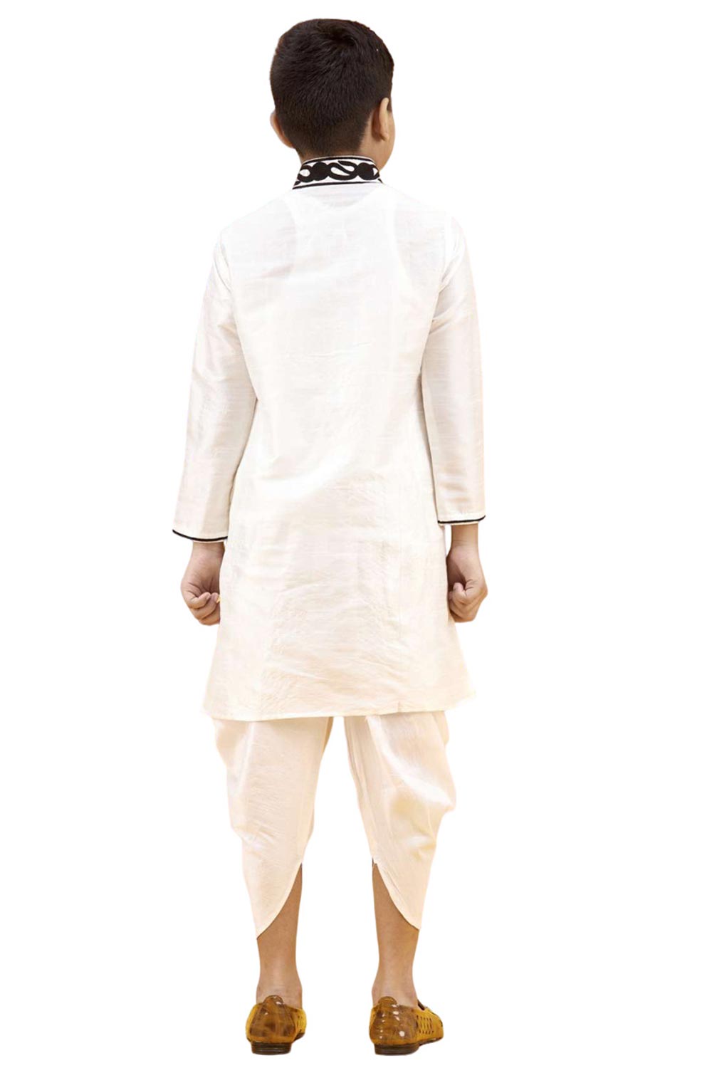 Boys Off White Silk Neck Embroidered Kurta Pajama Set