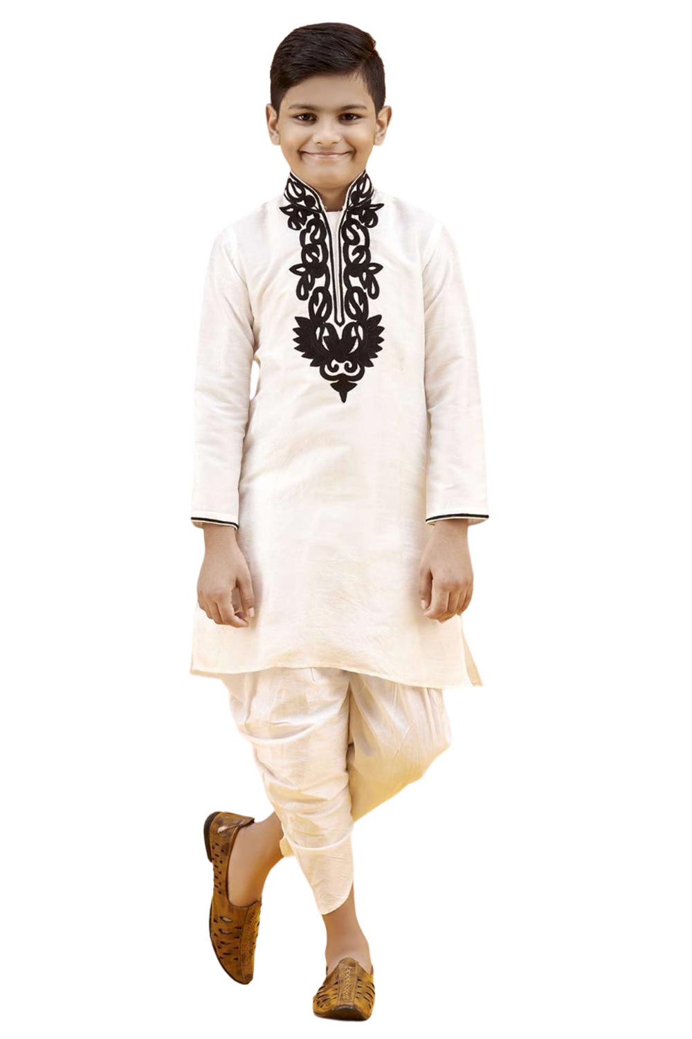 Boys Off White Silk Neck Embroidered Kurta Pajama Set