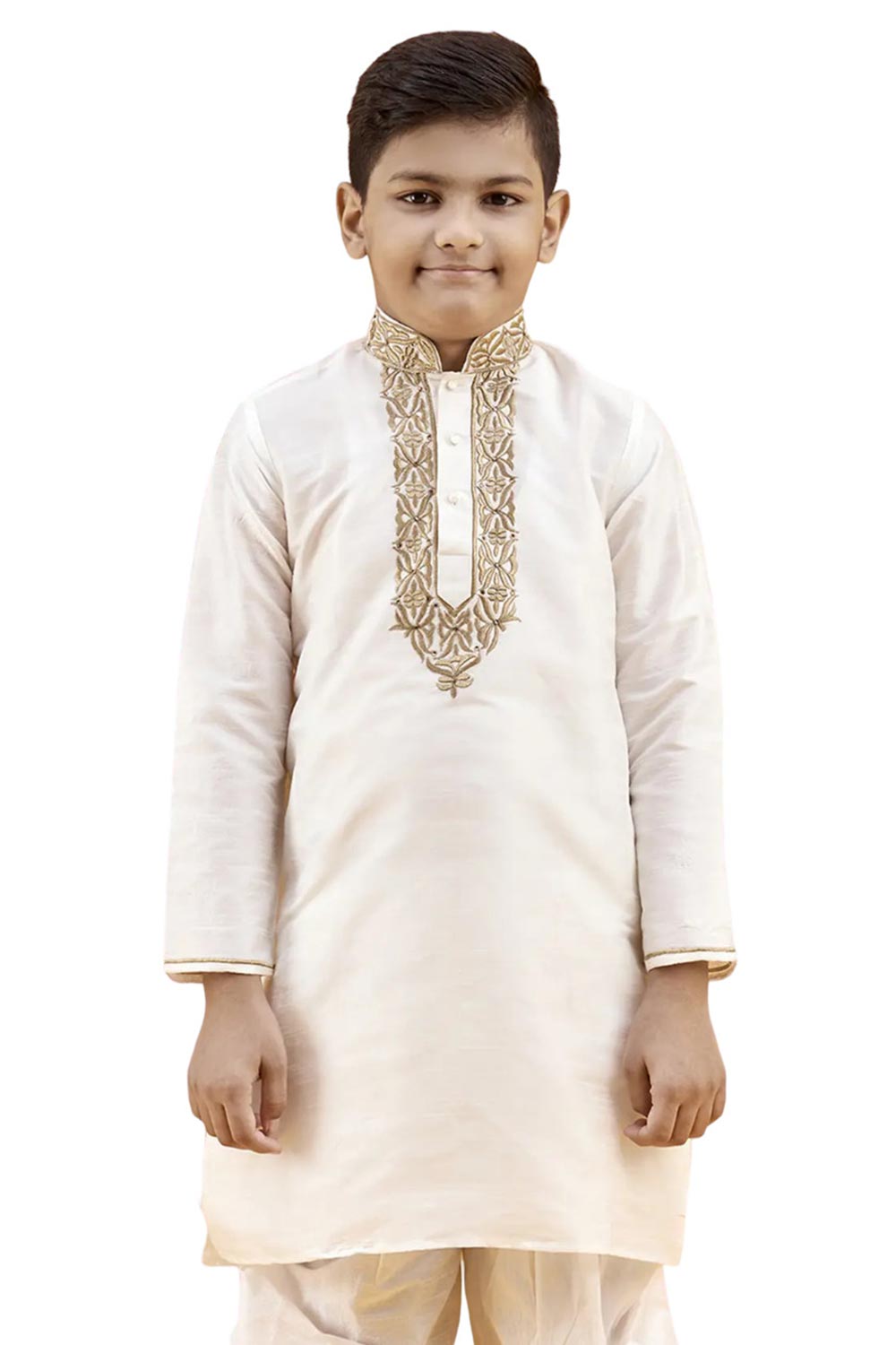 Boys Off White Silk Neck Embroidered Kurta Pyjama Set