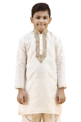 Boys Off White Silk Neck Embroidered Kurta Pyjama Set