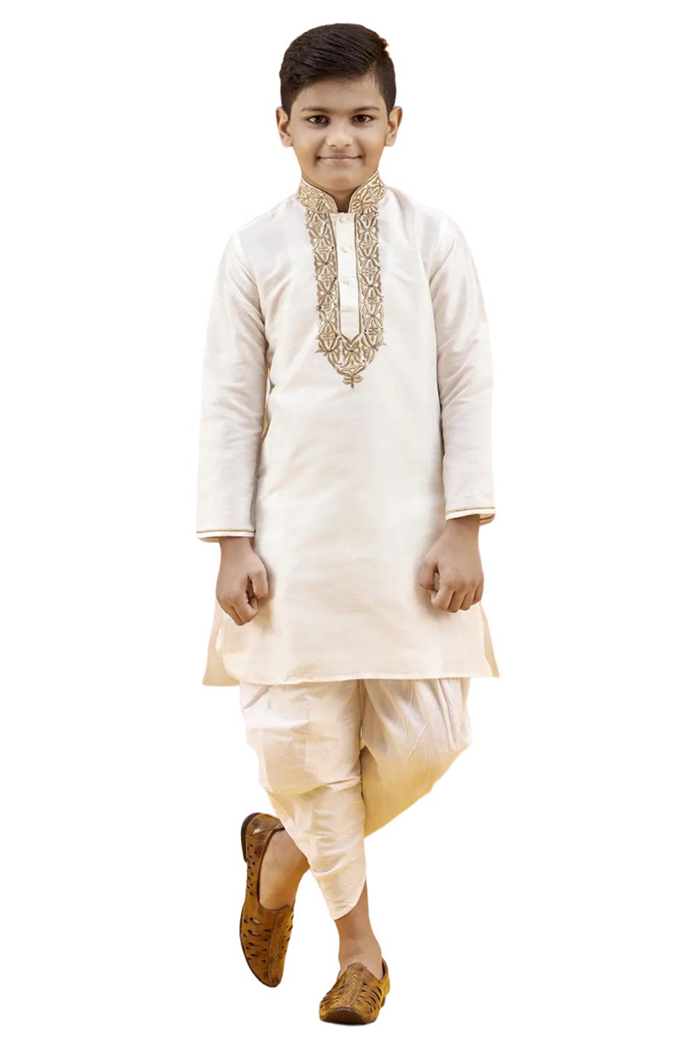 Boys Off White Silk Neck Embroidered Kurta Pajama Set