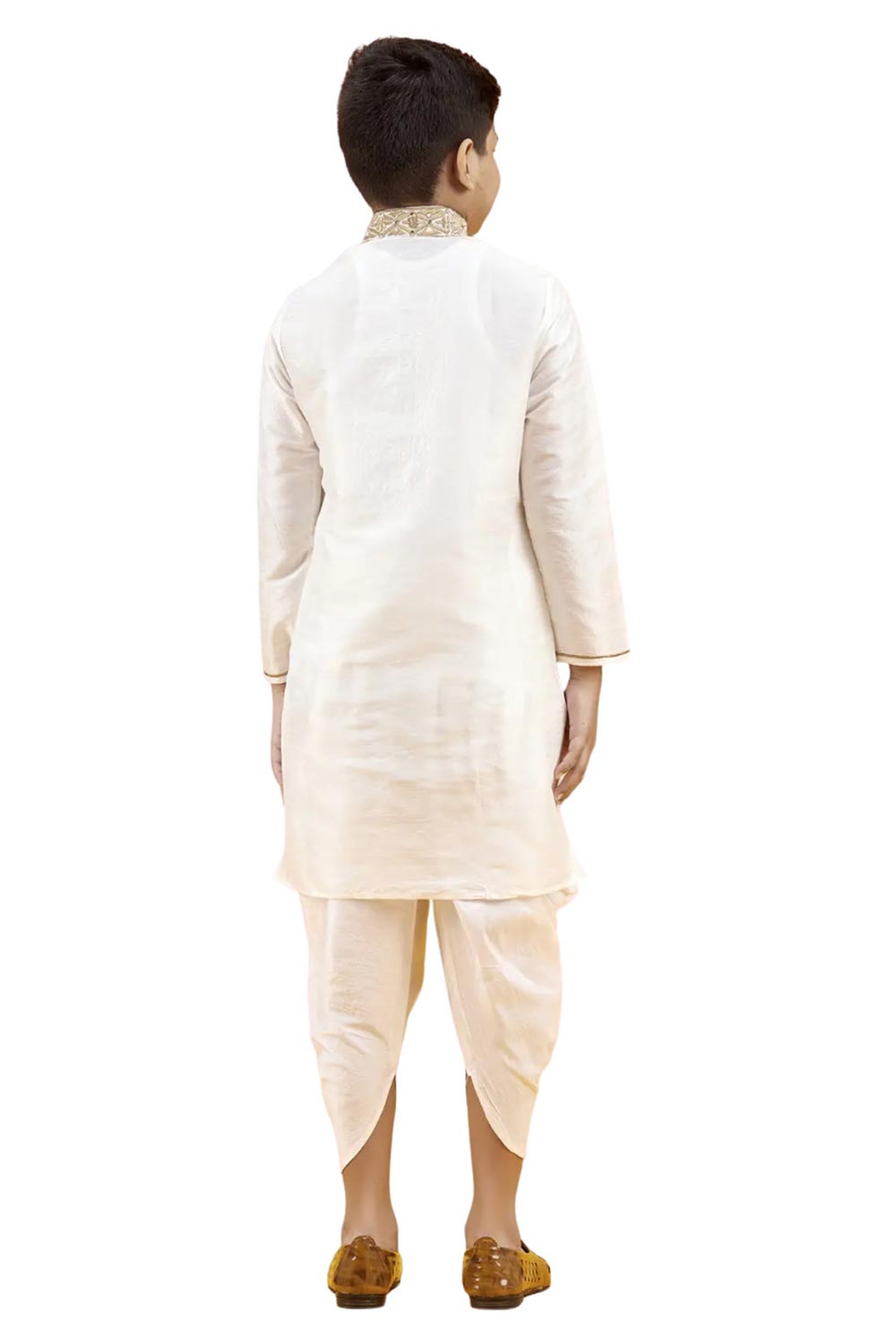 Boys Off White Silk Neck Embroidered Kurta Pajama Set