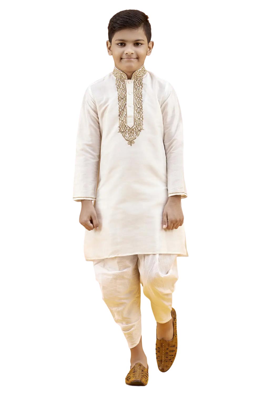 Boys Off White Silk Neck Embroidered Kurta Pajama Set